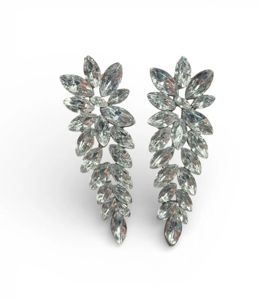 Vintage Marquise Rhinestone Drop Earrings Silver Tone Statement Bridal